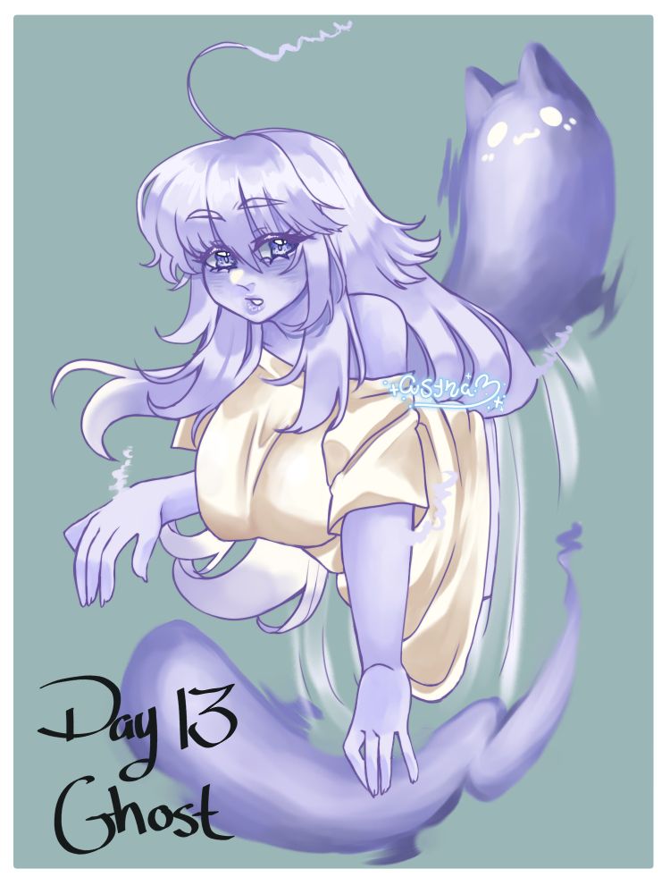 A purple ghost girl seemingly phasing through the image, accompanied by two purple spectres, one with a cute cat face 