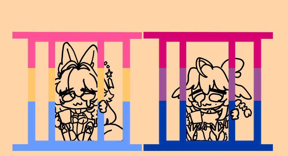 doodle of myself sitting in a pansexual colored cage holding a cup with a tear in my eye. next to me is a similar cage, colored with the bisexual flag, with crowyasumi sitting in a similar position holding a cup with a matching tear in his eye
