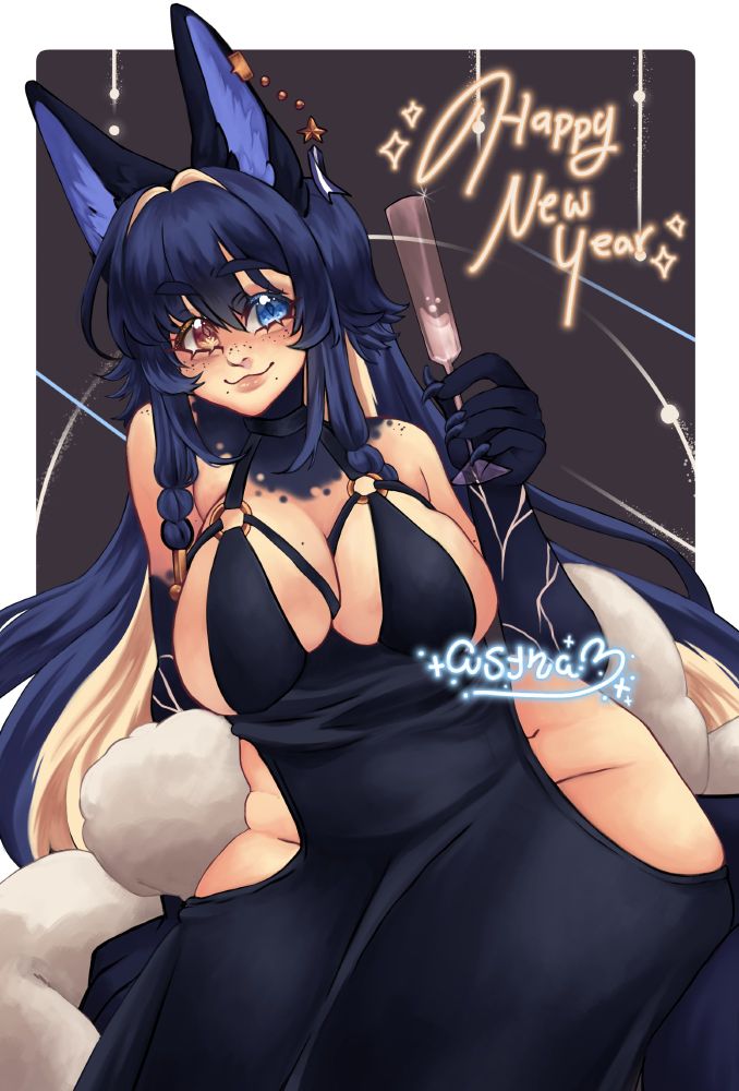 An illustration of my persona, a blue star themed wolf girl in a gown that has hip windows. She is holding a champagne flute up in the air, her left shoulder shrugged to the side as she leans to the side slightly. She has a fur boa wrapped around her arms and draped to the sides.