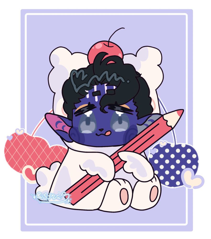 a quick illustration of @houseoftao.bsky.social in a hanamaruobake costume, he is sitting down holding a light red pencil in his arms as he looks to the viewer with his tongue out. he has a lil cherry ontop of his head just like some of the hanamaruobake images sanrio has released!