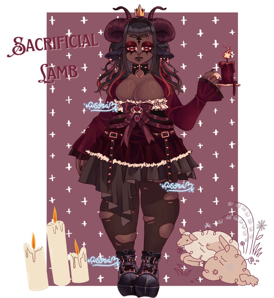 an illustration of a gothic inspired design. she has a small floating crown atop her head, a pair of ram horns on each side of her head to frame it. she has various piercings on her face, such as a brow piercing and a bottom lip piercing. her lamb ears have multiple earrings, an odd number on each. she is wearing a spiked color with a ring in the middle. her top has long frilled sleeves with a frilled chest, there is a ribbon in the middle adjourned with a crown and two red gem decorations. she wears a deep red skirt, a small belt hangs on each side of the skirt, having an uneven under layer skirt. she has sheer stockings on with various holes and rips, paired with a pair of black boots with various spiked decorations. one hand rests at her side as the other holds up a burning candle.