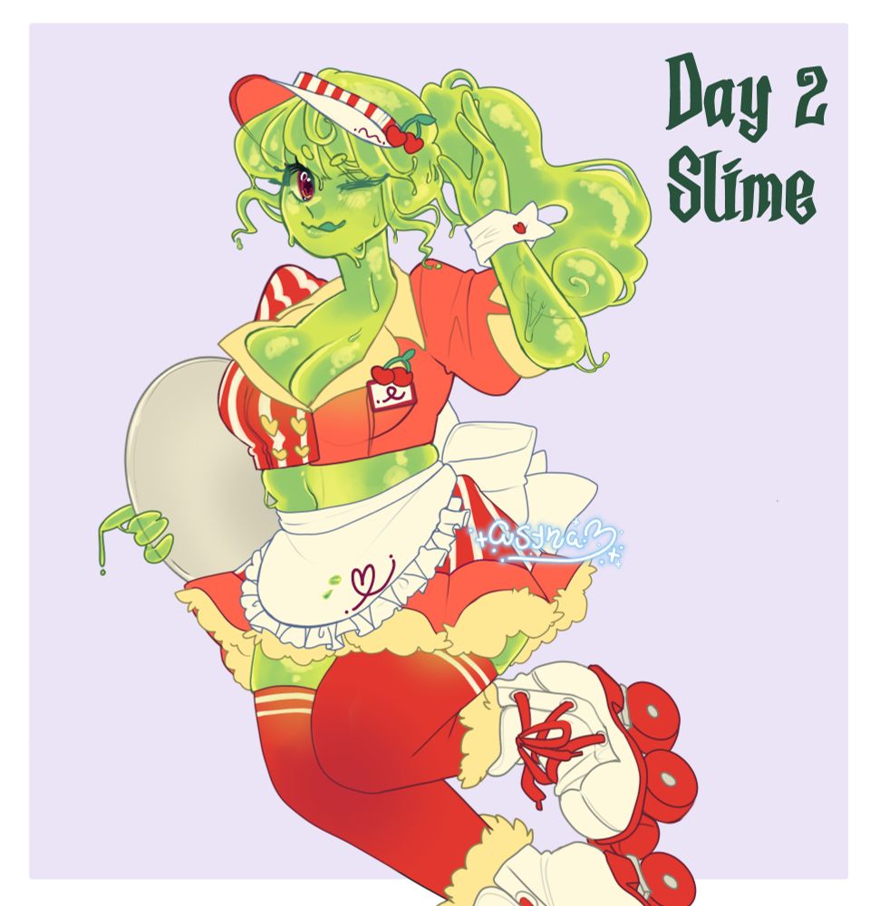 illustration of a "slime girl". her design is based off a retro waitress with rollerblades as well as a melon soda, giving her a bright green palette with red accents
