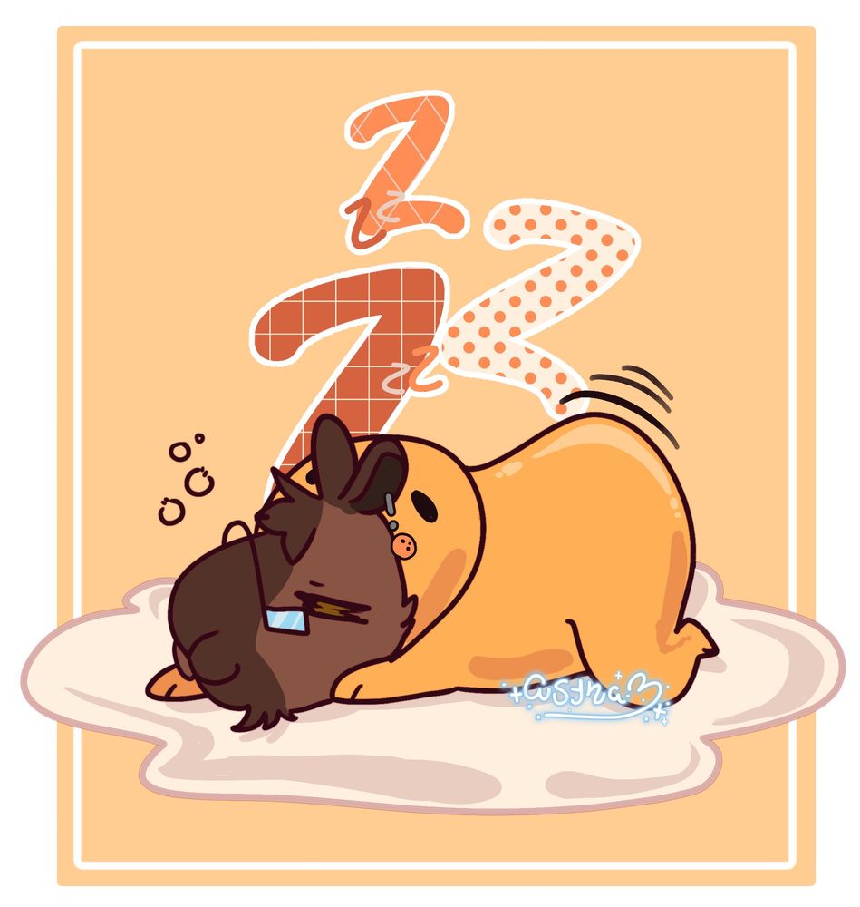 an illustration of @dunniebara.bsky.social laying down atop what appears to be an egg white as they are dressed in a gudetama onesie 
