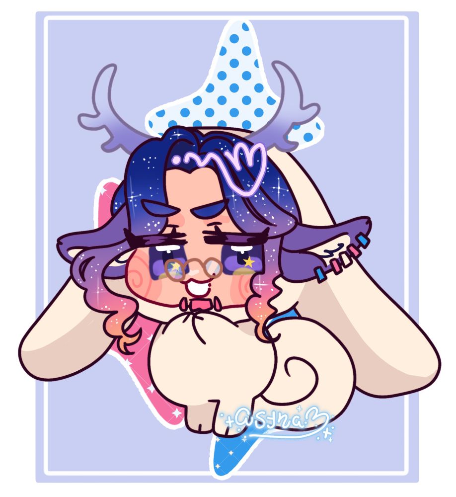 a sanrio doodle of @galaxyafterdark in a cinnamoroll costume. he is looking at the screen smugly as if scheming something 