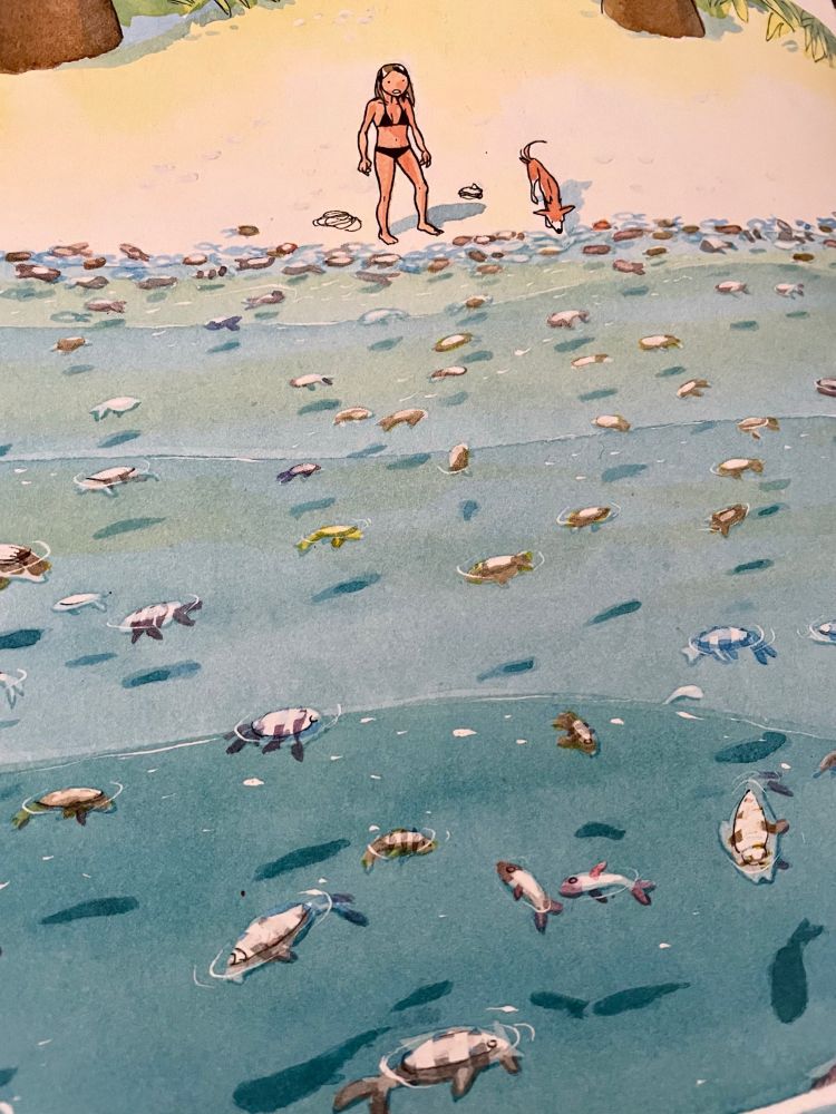 Eva face à des dizaines de poissons morts flottant à la surface de l'eau.