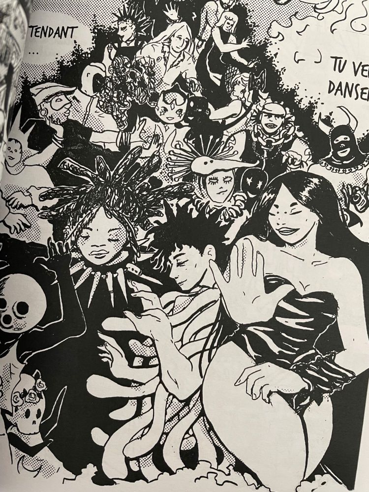 Planche en noir et blanc signée Ambre. 
Les personnages croisés dans Metadoggoz dansent au cœur de l'Interstice, collés les uns aux autres.