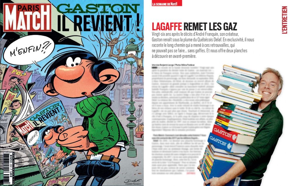 Aperçu du dossier consacré au Gaston Lagaffe de Delaf d'après Franquin. Avec un fac-similé de couverture de Paris-Match mettant en scène, façon mise en abyme, Gaston lisant le magazine.
Et une photographie de Delaf tenant une pile de diverses intégrales de Gaston Lagaffe.