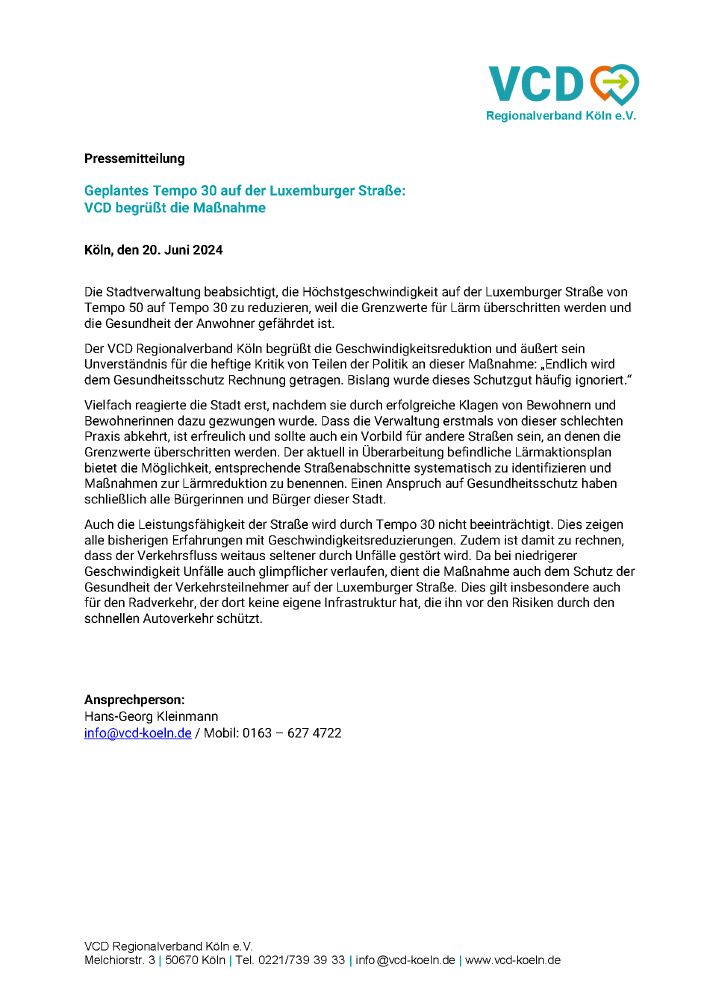 Pressemitteilung des VCD Regionalverbands Köln zur Einführung von Tempo 30 auf der Luxemburger Straße in Köln.