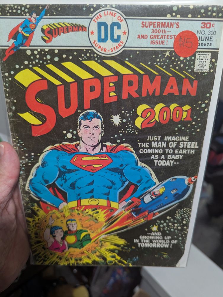 Cover to Superman #300 depicting Superman in the far future year of 2001 (the book was released in 1976). 