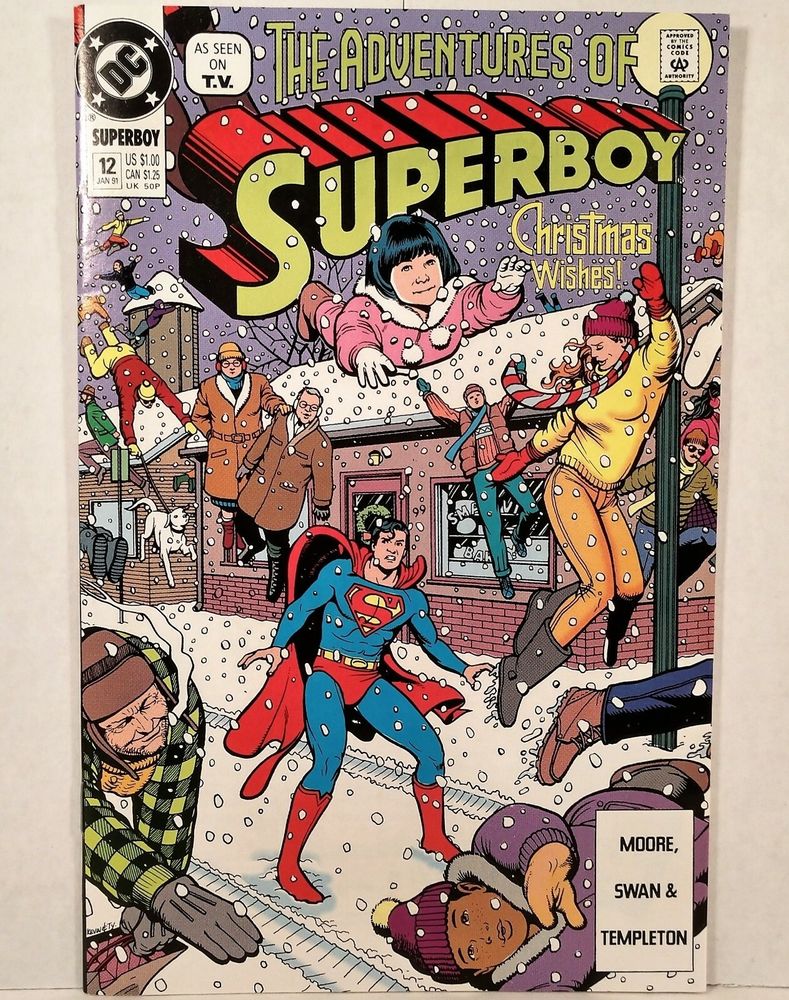 Cover to The Adventures of Superboy (as seen on TV) #12. A startled Superboy is surprised to see the citizens of Smallville take flight over a snowy townscape. 

If nothing else, the series is noteworthy for being amongst the last regular Superman-related artwork by the greatest artist of them all: Curt Swan. He kinda got the shaft in the 1986 reboot. 