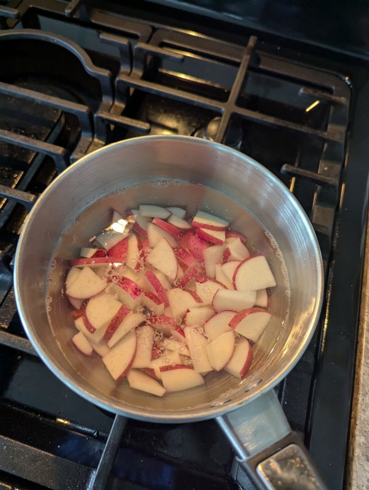 Finely cut up potatoes being put on to boil. I had to stop watching so it would boil. 