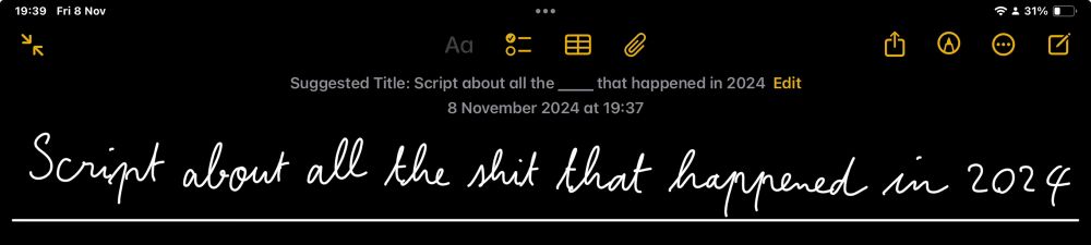 Screenshot of the notes app saying “Script about all the shit that happened in 2024”, but the swear word is changed to “____” in the title of said note.