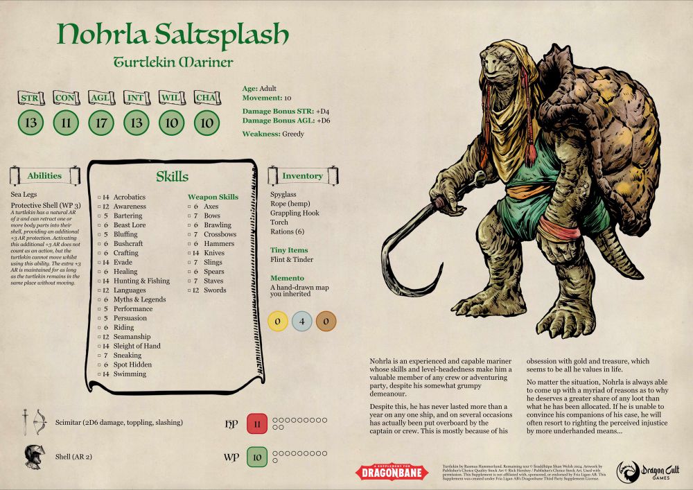Nohrla Saltsplash, a turtlekin mariner character for Dragonbane