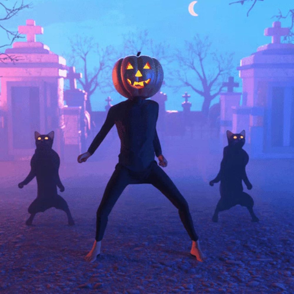 a man with a pumpkin on his head stands in a cemetery surrounded by black cats