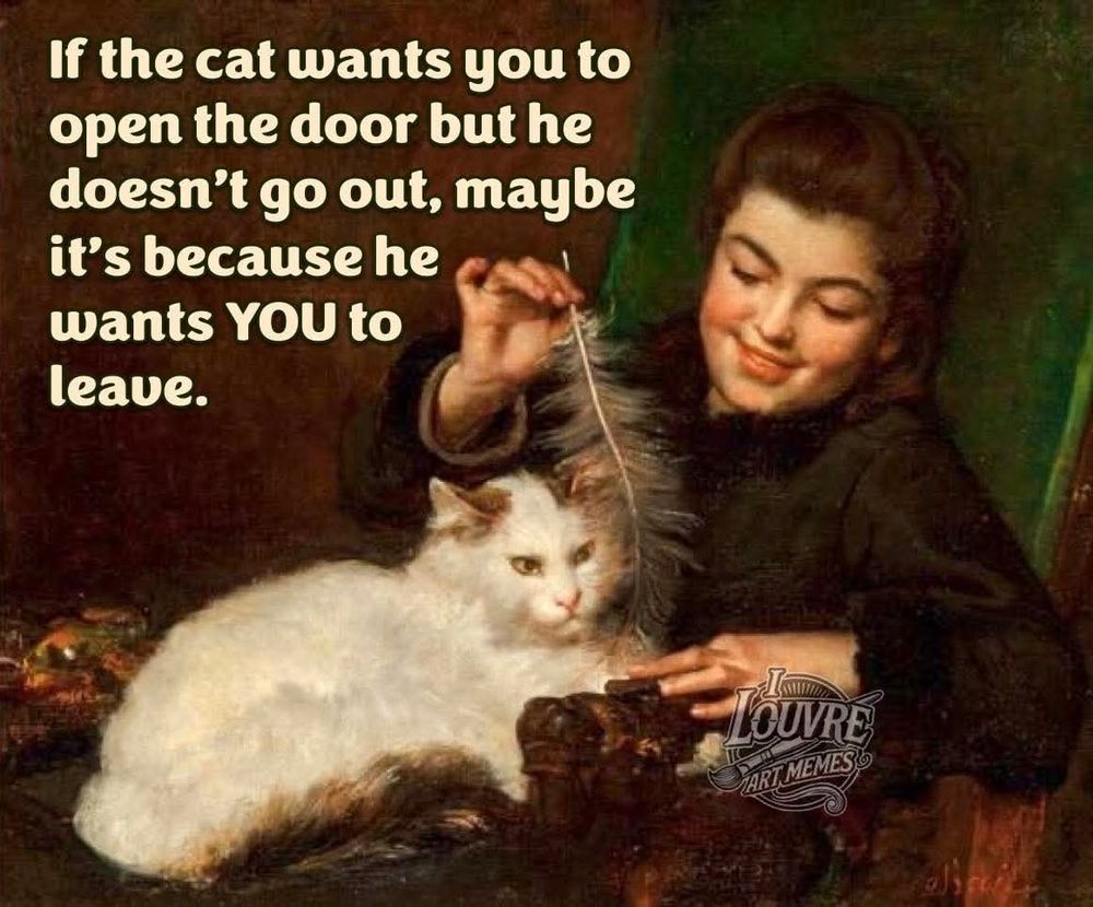 Maalauksessa nainen kissa sylissään. Teksti: If the cat want you to open the door but he doesn't go out, maybe it's because he wants YOU to leave.