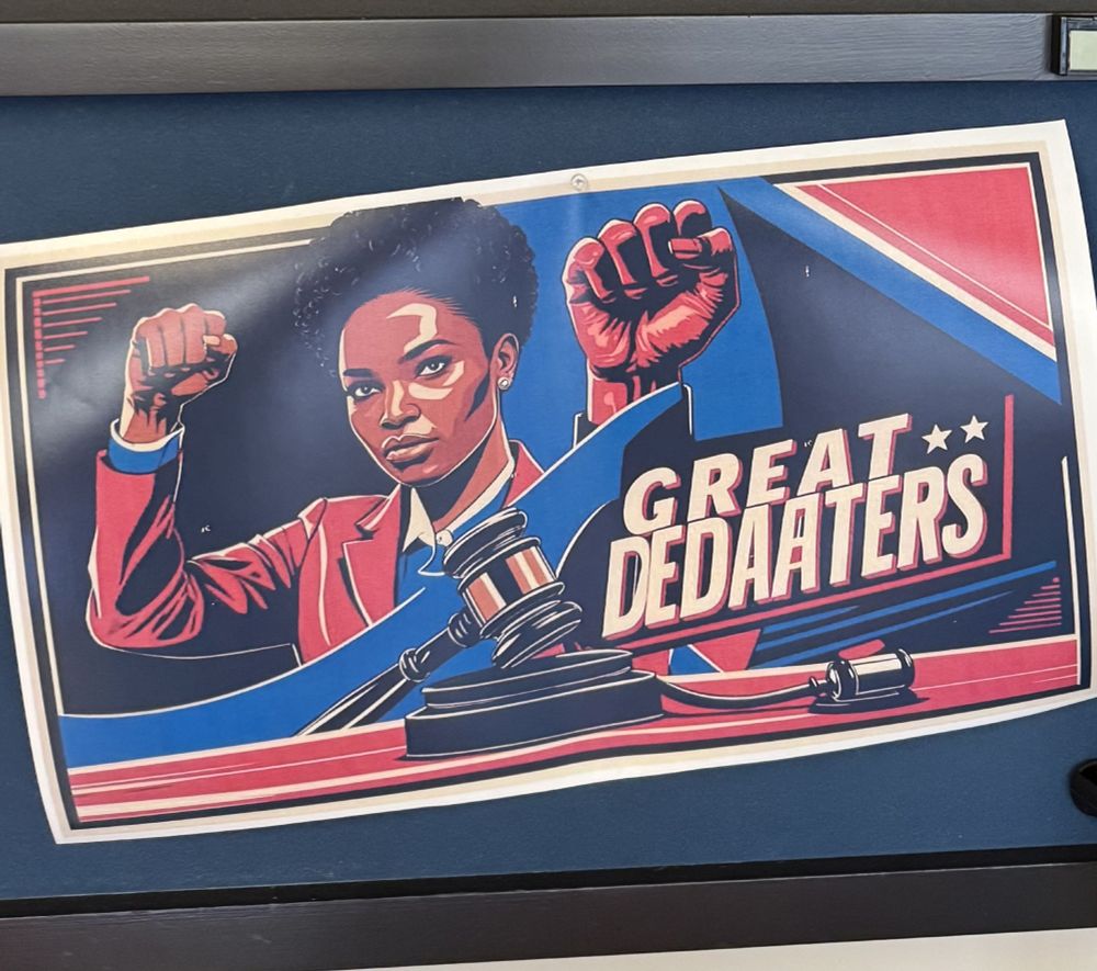 Image of a school debate club poster generated by AI which features a misspelling of "Great Debaters" as "Great D-E-D-A-A-T-E-R-S" (zoomed in)