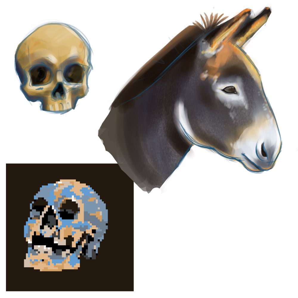 Sketches of a donkey, a skull, and a pixel art skull