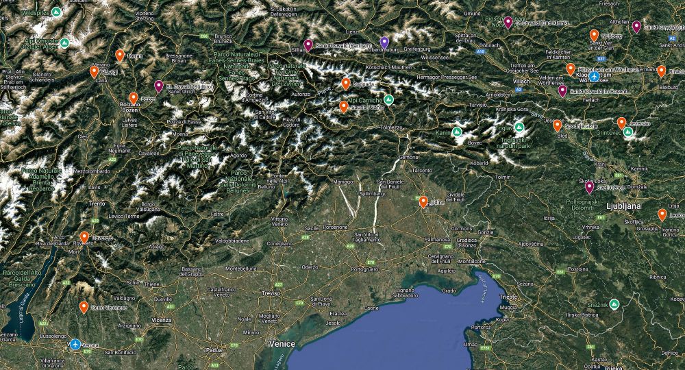 Map showing the alps between Verona and Klagenfurt, with pins showing churches and chapels dedicated to Oswald of Northumbria in the area
