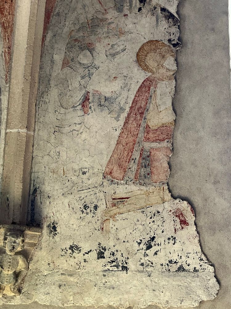 Wall painting showing Oswald kneeling before battle (damaged)