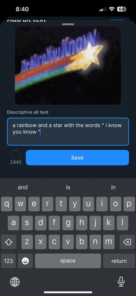The alt text for “the more you know meme” is listed as, “a rainbow and a star with the words ‘I know you know.’” “I know you know” is nowhere in the image. 