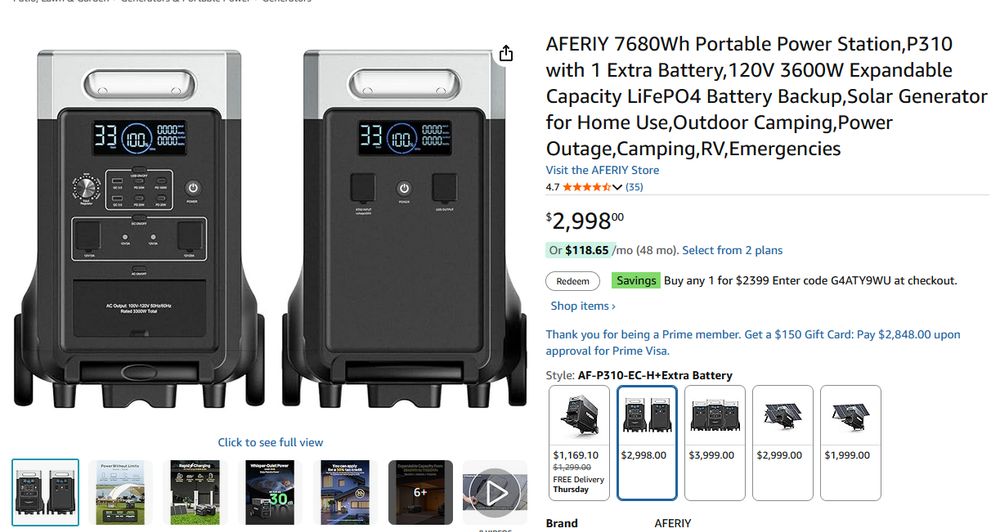 Amazon listing for: AFERIY 7680Wh Portable Power Station,P310 with 1 Extra Battery,120V 3600W Expandable Capacity LiFePO4 Battery Backup,Solar Generator for Home Use,Outdoor Camping,Power Outage,Camping,RV,Emergencies 