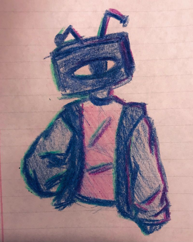 crayon doodle of a person wearing a tv head that has an eye on the screen