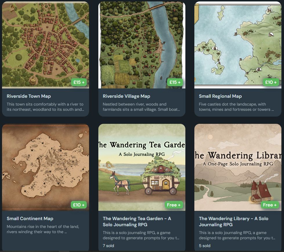 A grid of six images with a green label of a price in the bottom right corner of each, and part of the descriptive text beneath each. The top row have three colored maps: from left to right - a town map, a village map and a regional map. The second row has a small contintent map in sepia tones, and two solo journaling RPGs.