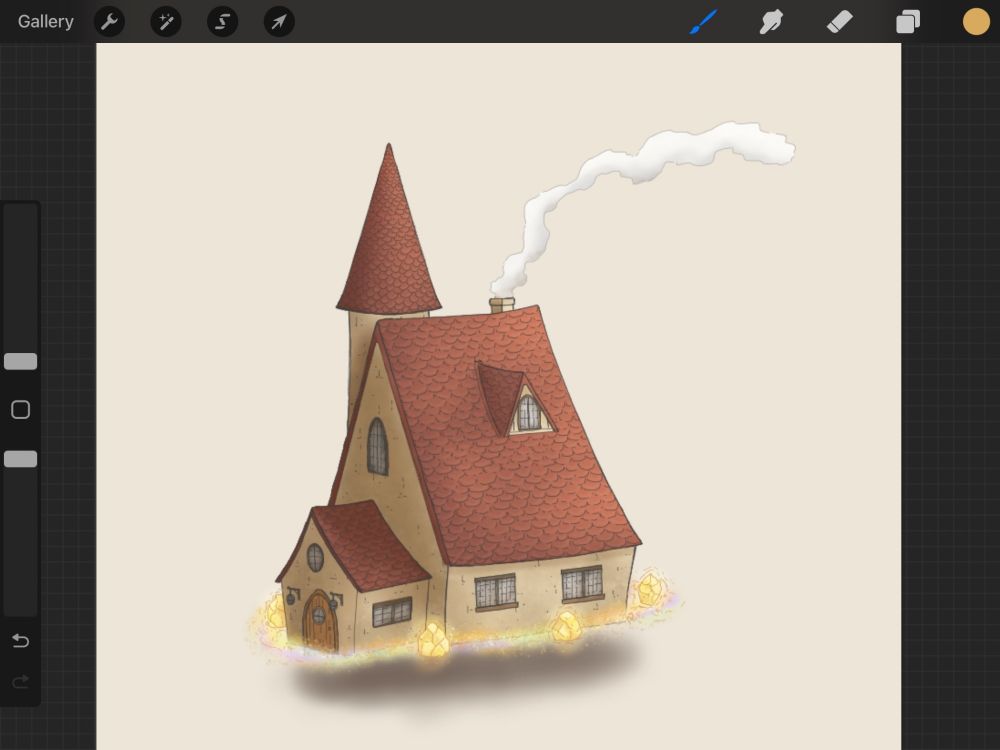 A screenshot of a Procreate screen with an updated version of the magical floating building from the previous image with a plain background.