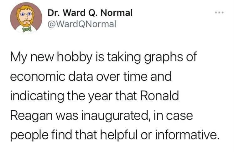 A tweet from Dr. Ward Q. Normal @WardQNormal that says: My new hobby is taking graphs of economic data over time and indicating the year that Ronald Reagan was inaugurated, in case people find that helpful or informative.