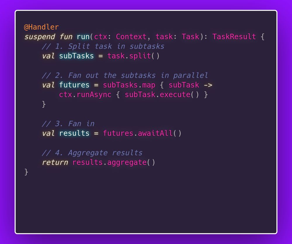 Restate service handler written in Kotlin, showing how to implement a scatter/gather use case with few lines of code in a resilient way.