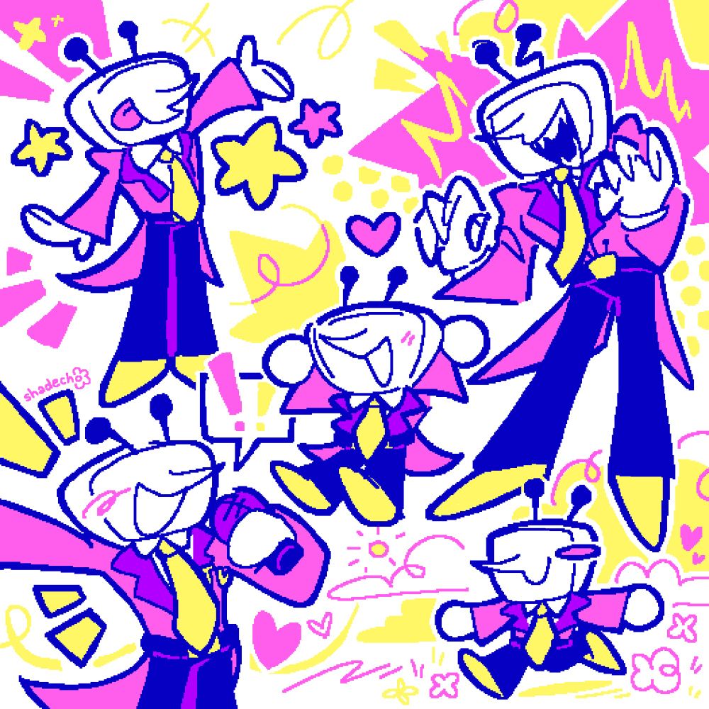 Various doodles of Tenna from Deltarune in a limited pink, yellow, blue, and purple color palette with lots of swirls, hearts, stars, and abstract shapes in the background.