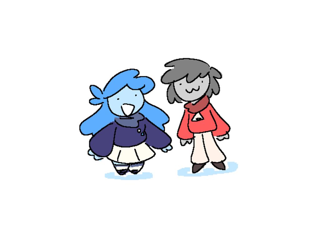 simple chibi doodle art of echo (blue girl on the left smiling wearing a dark blue sweater and white skirt) and vee (taller grey guy on the right making a :3 face with a red sweater and white pants)