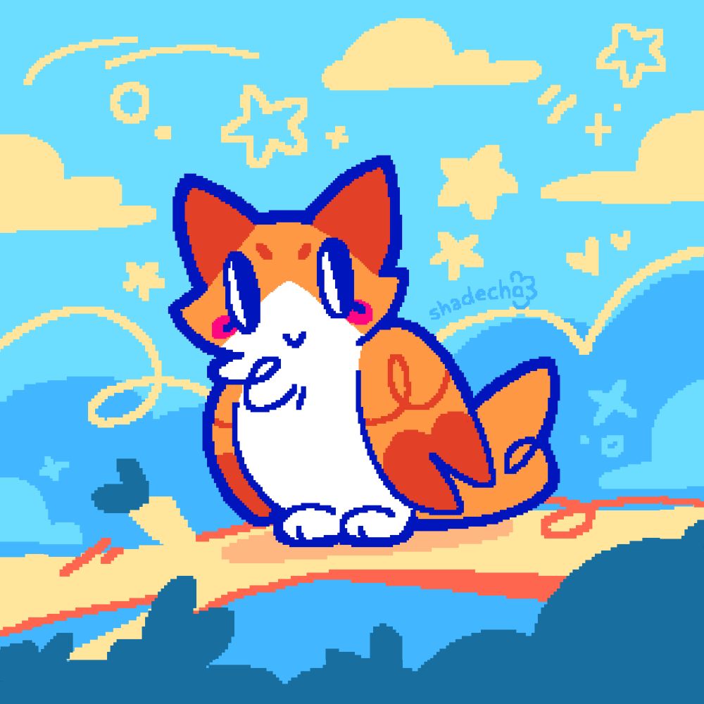 Vibrant chibi digital illustration of Meowl, a cat owl hybrid sitting on a tree branch. 