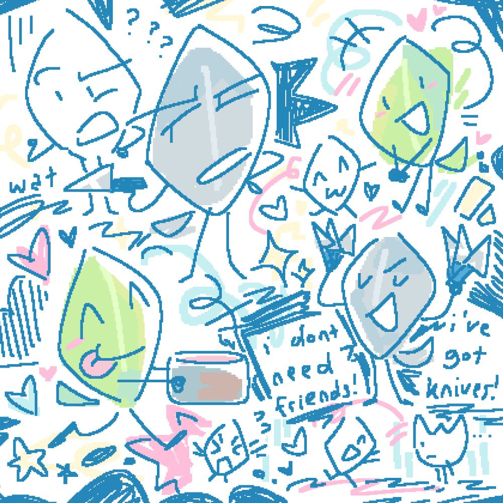 A variety of doodles of Leafy from BFDI, also including her metal leaf form holding knives (plus one small Firey doodle at the bottom right)
Text reads “wat” (top left) and “i dont need friends! i’ve got knives!” (bottom right)