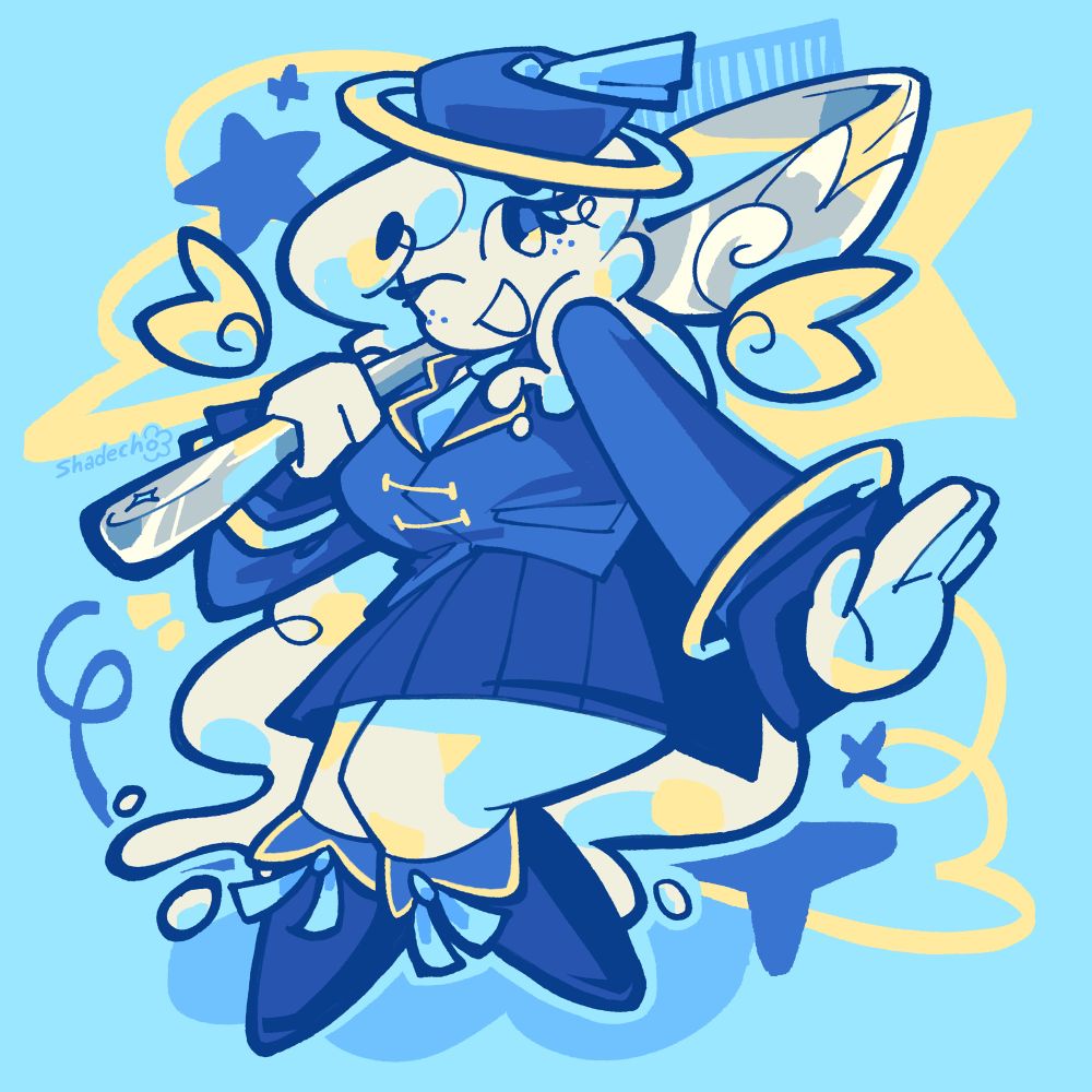 illustration of iselda, an angel wearing a blue suit and skirt, while wielding a comically large spoon with blue and yellow doodles, swirls, and stars in the background