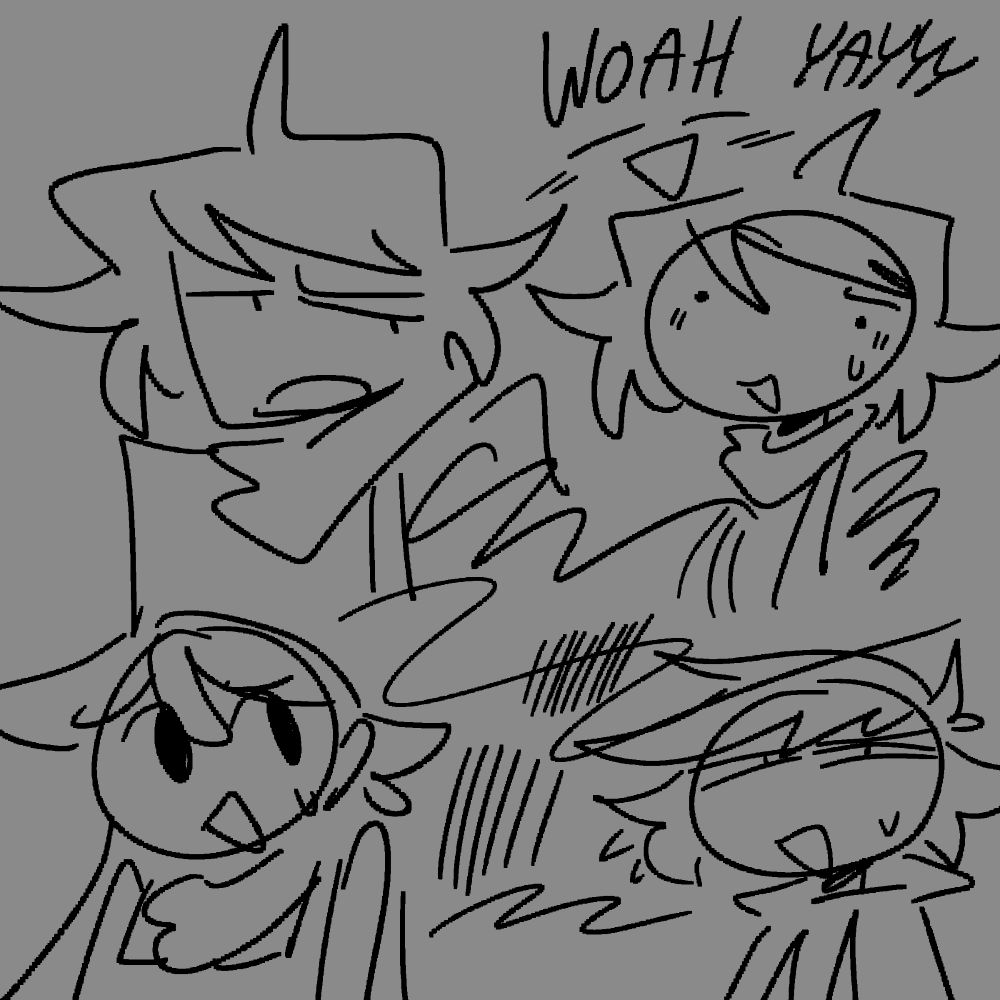 various doodles of lines and my ocs (frost at the top, ivy bottom left, bill bottom right) with the text "WOAH YAYYYY" at the very top right corner