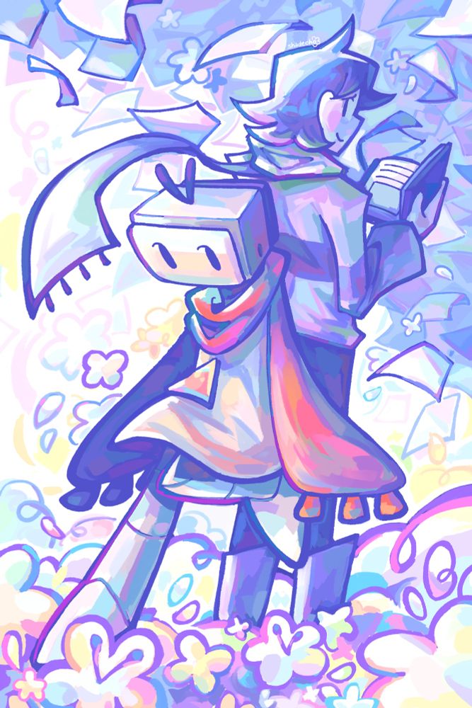 digital illustration of Billilly (left, tv head robot with a red scarf and light pink robe with a triangle on it) and Frost (right, purple hair man wearing a striped sweater and white scarf while holding a book)

the background consists of colorful flowers, petals, and scattered pieces of paper