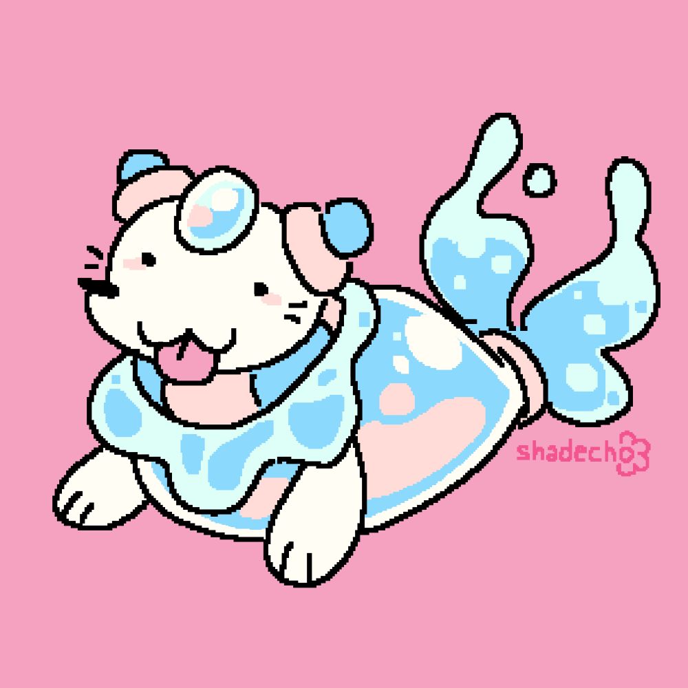A doodle of Sopup (a white seal based on ramune japanese soda, with their entire body and tail being made up of blue soda) on a pink background