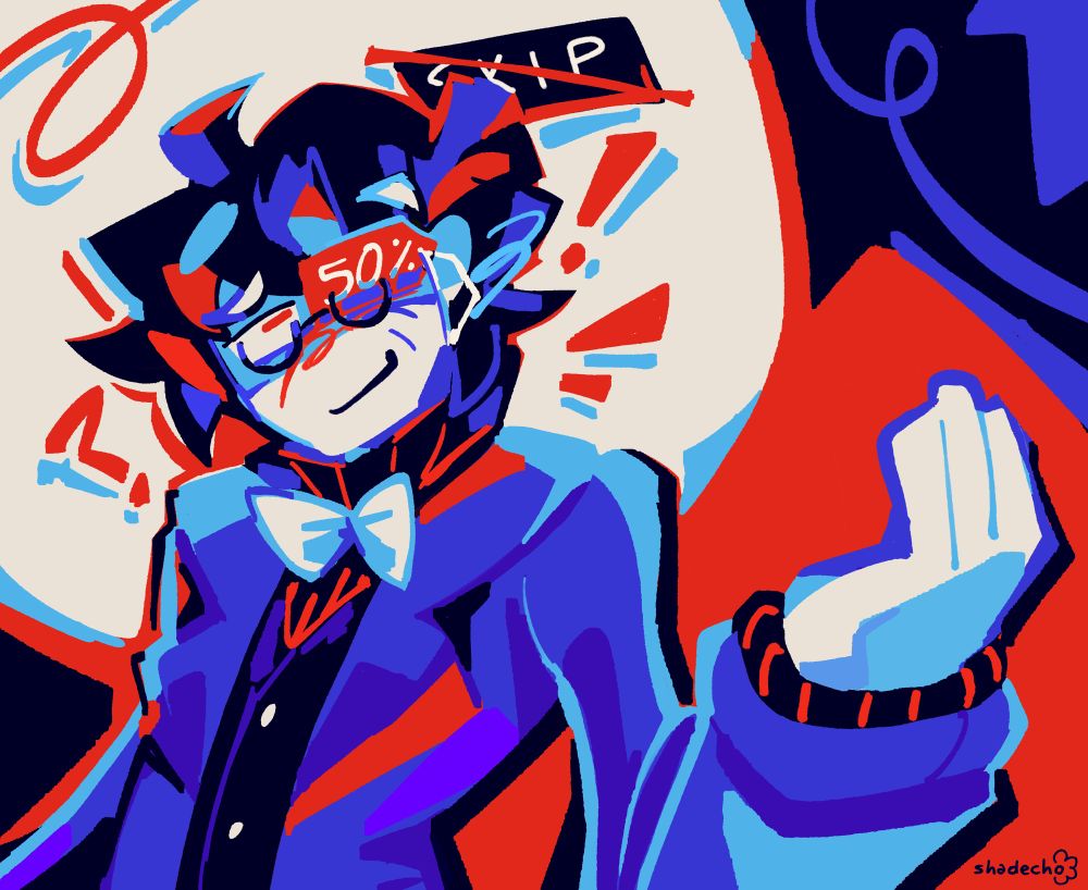 illustration of faire pryce (40s, man with black hair wearing a white bowtie with a red striped sweater and blue suit) extending out his hand in a limited blue, white, and red color palette. the background consists of doodles and splashes of the colors blue white and red.