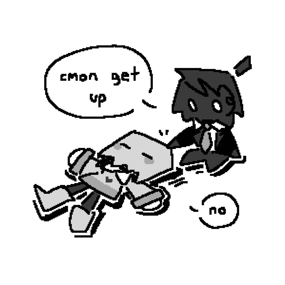 Two of my personas, one of them sitting on the ground (right, shadowy blob person in suit) saying “cmon get up” while poking my other sona (left, person with gray paper bag and gray sweater) lying on the ground saying “no”