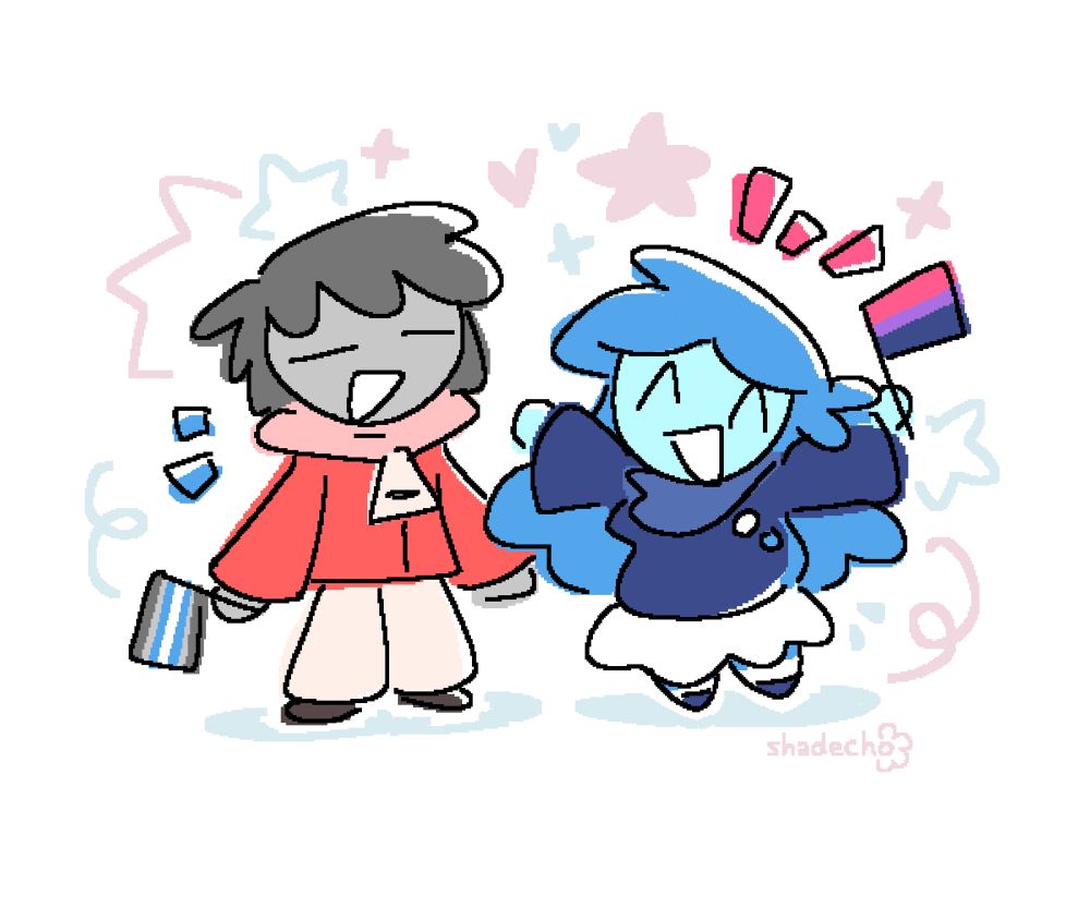 chibi doodles of vee (left, dark gray hair person with red jacket holding a demiboy pride flag) and echo (right, blue hair person with dark blue sweater holding a bisexual pride flag) surrounded by stars, swirls, and hearts in the background