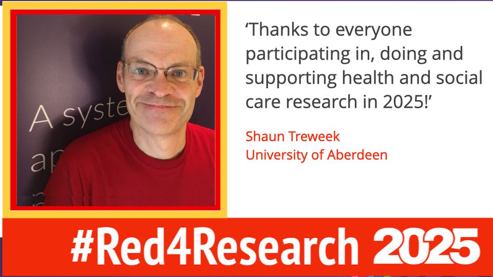 Picture of Shaun thanking people supporting health and care research in 2025 as part of Red4Research Day 2025.