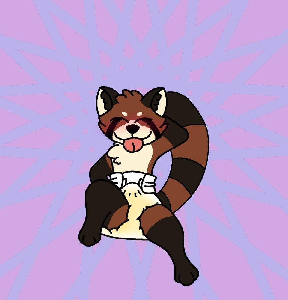 Azabab’s panda character with one hand behind his head and the other behind his back, his leg propped up blushing hard in a wet diaper with a bulge