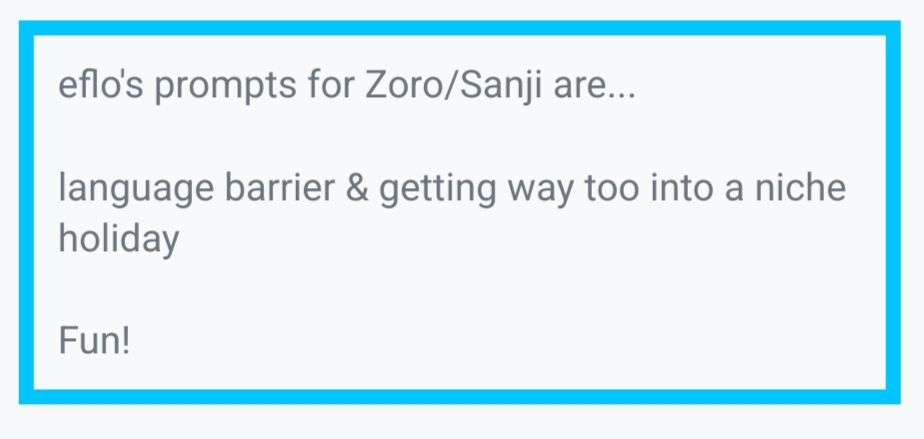 a Shindan Maker result that says: eflo's prompts for Zoro/Sanji are... language barrier & getting way too into a niche holiday. Fun!