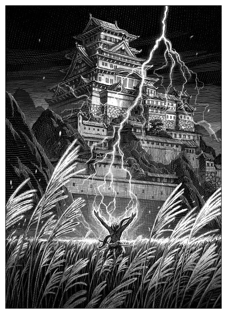 a scratchboard drawing featuring Genichiro Ashina from Sekiro, standing in a field of silvergrass that occupies the lower part of the illustration. His arms are reaching out to the skies as he is being struck by lightning. In the background, looming over the scene, stands Ashina castle.