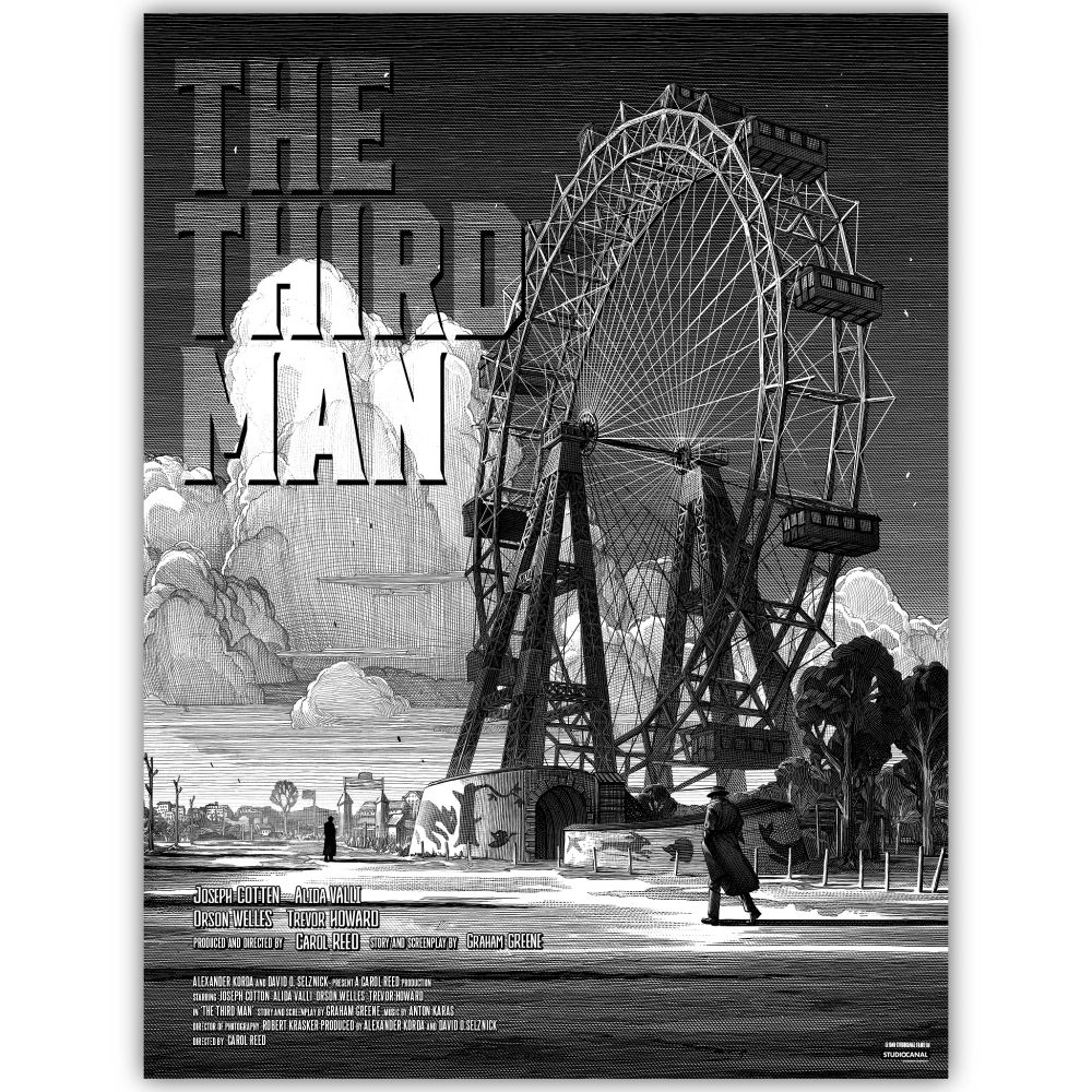 a black and white alternative movie poster for The Third Man, featuring a very large ferris wheel looming over a barren cityscape, a figure wearing a long coat and a hat walks away from the camera towards a smaller non-descript figure in the distance
large text in the sky reads in capitals "The Third Man" 