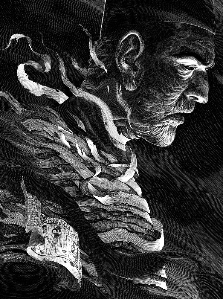 a black and white scratchboard poster of Universal Monster movie "The Mummy" starring Boris Karloff, the artwork depicts the titular character, played by Karloff, emerging from its bandages, viewed in side profile with dramatic lightning coming from underneath