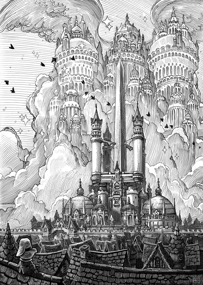 a scratchboard artwork
on the lower portion of the image, we can see the tiled rooftops of medieval houses - in the bottom left corner, a little character wearing a black coat and a floppy little hat is sitting on top of a roof
far in distance, a huge castle rises above the scene, four towers on the very top of the castle seem to be supporting a giant, gleaming obelisk
behind the castle, in the sky, a giant winged creature comprised of round turrets and rotundas emerges from the clouds