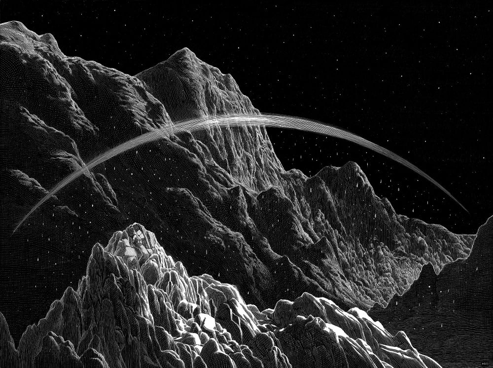 a black and white scratchboard drawing of a mountain range at night
in the foreground, bright moonlight shines on rocks 
in the background tall rocky mountains are illuminated by moonlight and between the foreground and the background there is a faint moonbow and raindrops shimmering in the light