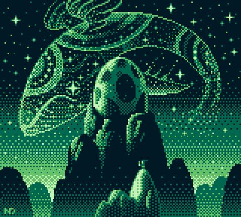 a pixel art artwork
mountains in the foreground with a tiny character wielding a sword, he has a funky little hat too 
in the background, a giant egg sits on top of a very tall mountain and in the sky, the stars take the shape of a winged whale
